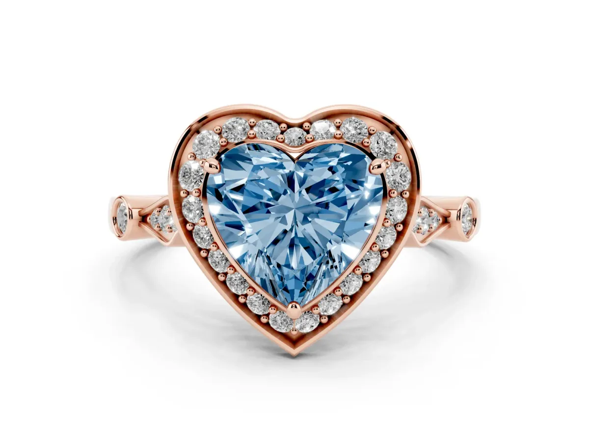 Fancy Blue Heart Cut Halo Diamond Engagement Ring with Twisted Band and Four-Prong Setting Rose gold