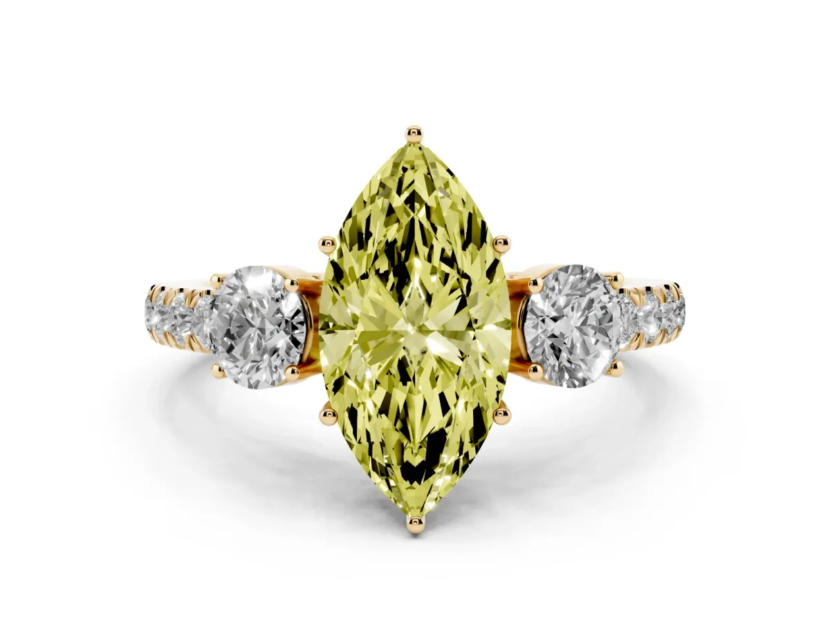 Fancy Yellow Marquise Cut Cut Diamond Three-Stone Ring with Round Side Stones and Pavé Band Yellow gold