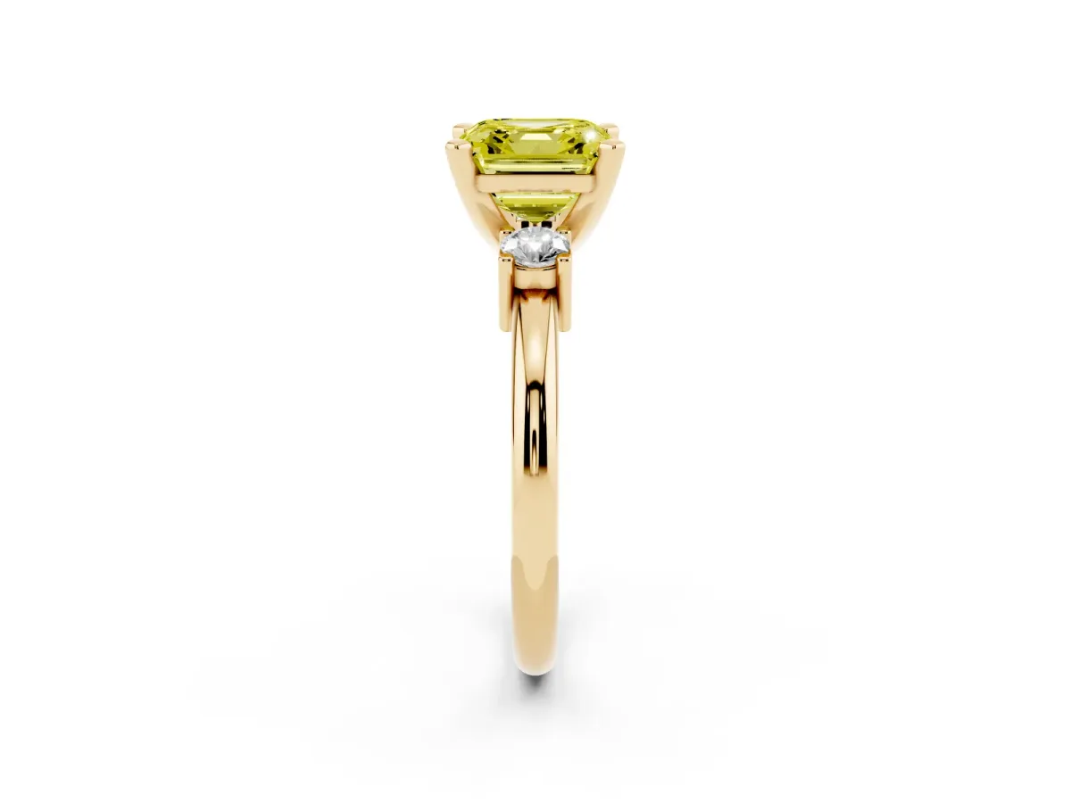 Fancy Yellow Three-Stone Asscher Cut Cut Diamond Solitaire with Prong Setting and Classic Band Yellow gold