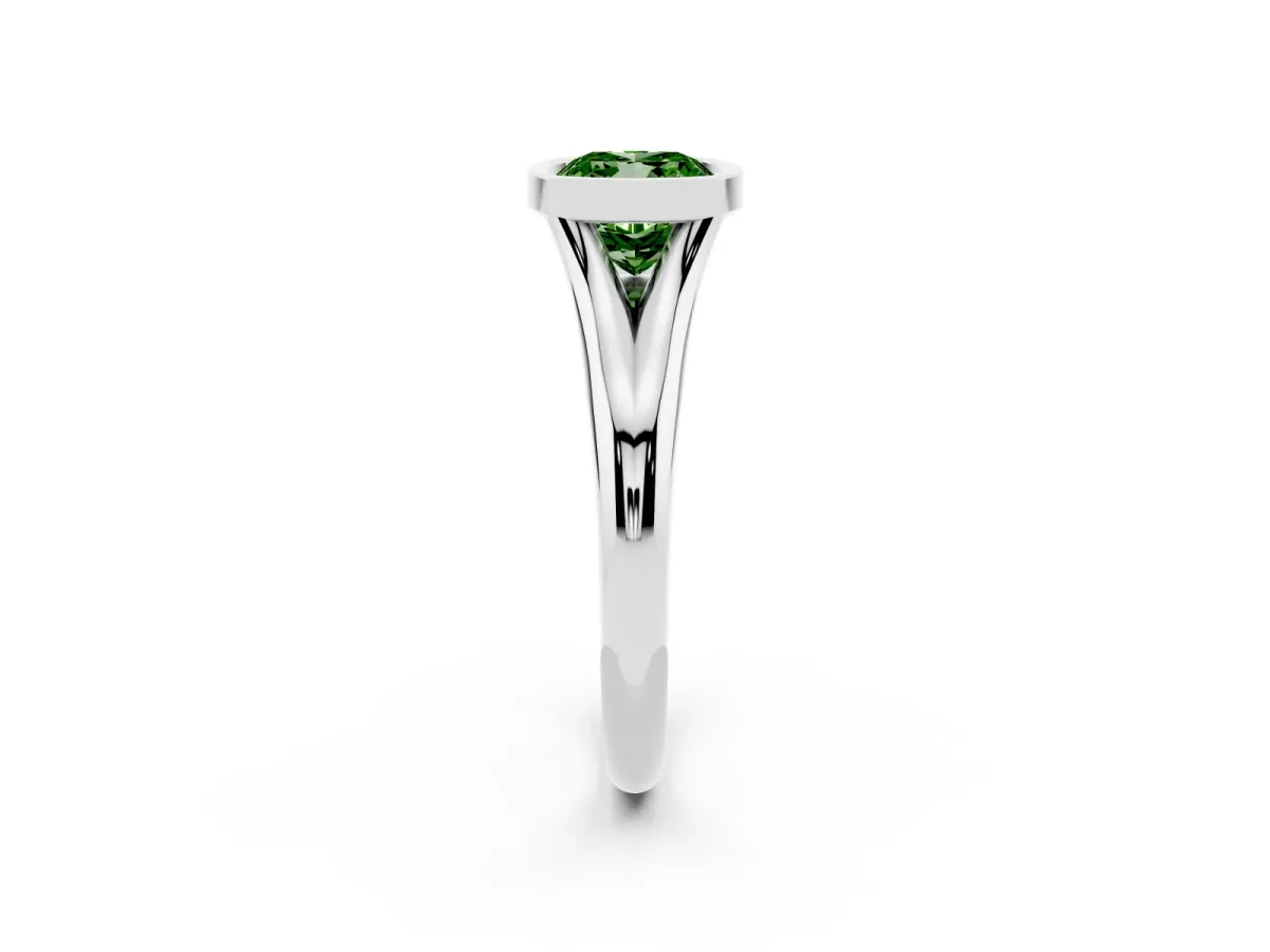 Fancy Green Bezel Set Cushion Cut Solitaire Diamond Ring with Smooth Band Platinum