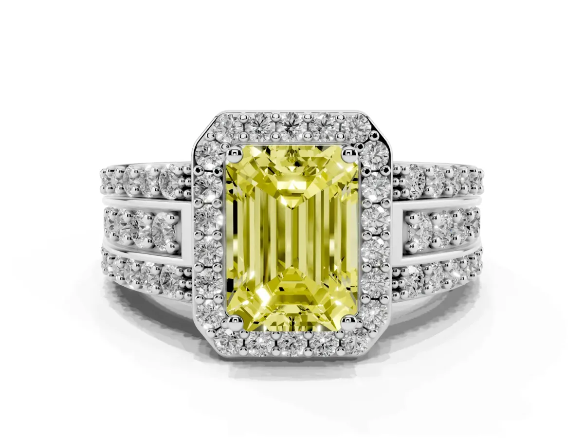 Fancy Yellow Emerald Cut Halo Diamond Ring with Round Split Shank and Prong Setting Silver