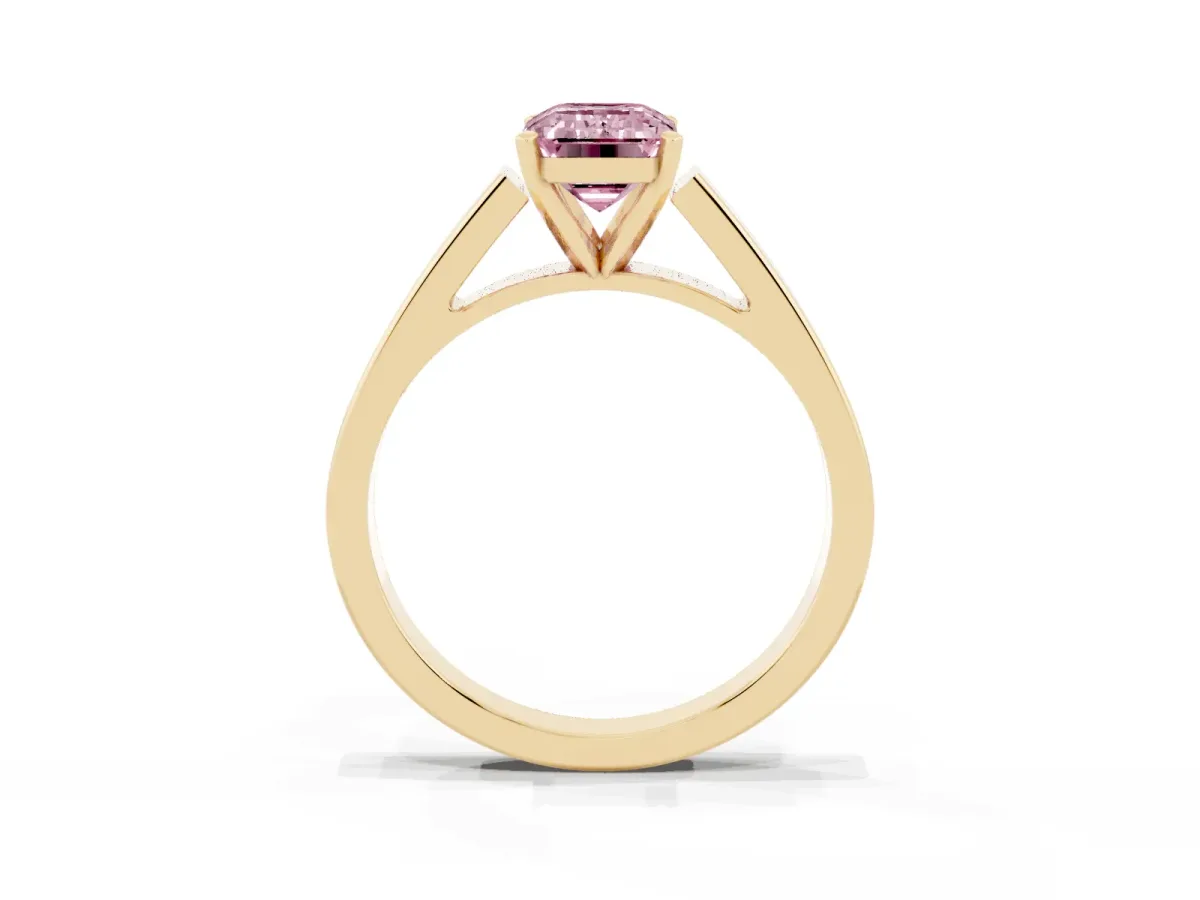 Fancy Pink Emerald Cut Solitaire Engagement Ring with Four-Prong Setting and Tapered Band Yellow gold