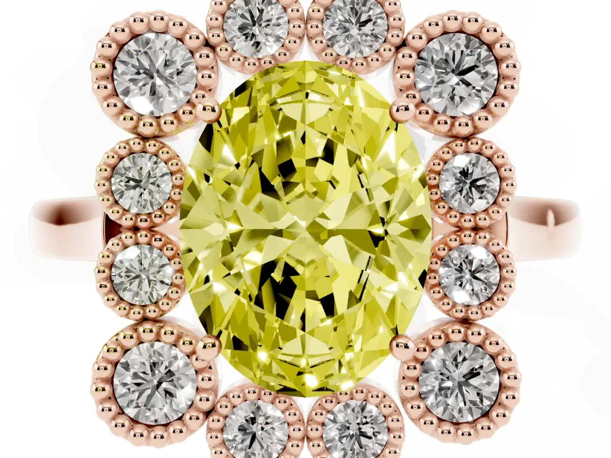 Fancy Yellow Oval Cut Halo Diamond Cluster Engagement Ring with Milgrain Bezel Setting and Solitaire Band Rose gold