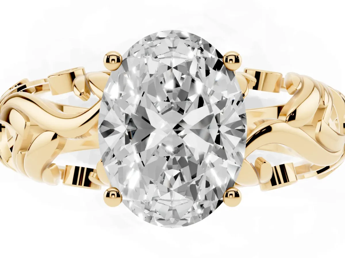 Oval Cut Solitaire Diamond Leaf-Inspired Vine Band Ring with Prong Setting Yellow gold