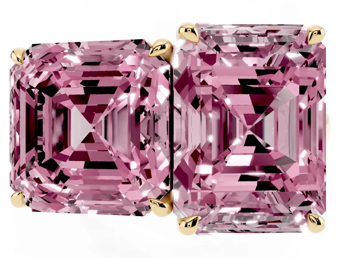 Fancy Pink Asscher Cut and Emerald Cut Toi Moi Ring with Prong Setting Yellow gold