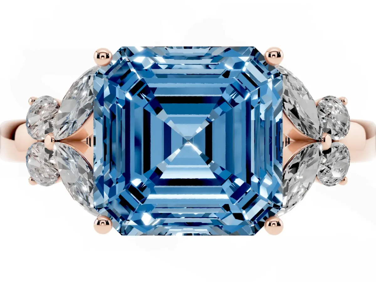 Fancy Blue Asscher Cut Cut Solitaire Floral Diamond Ring with Four-Prong Setting Rose gold