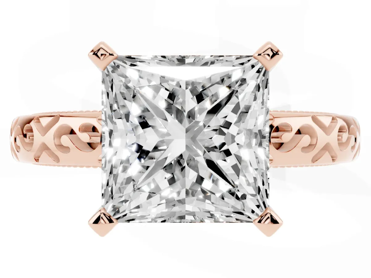 Princess Cut Solitaire Engagement Ring with Scrollwork Band and Four-Prong Setting Rose gold