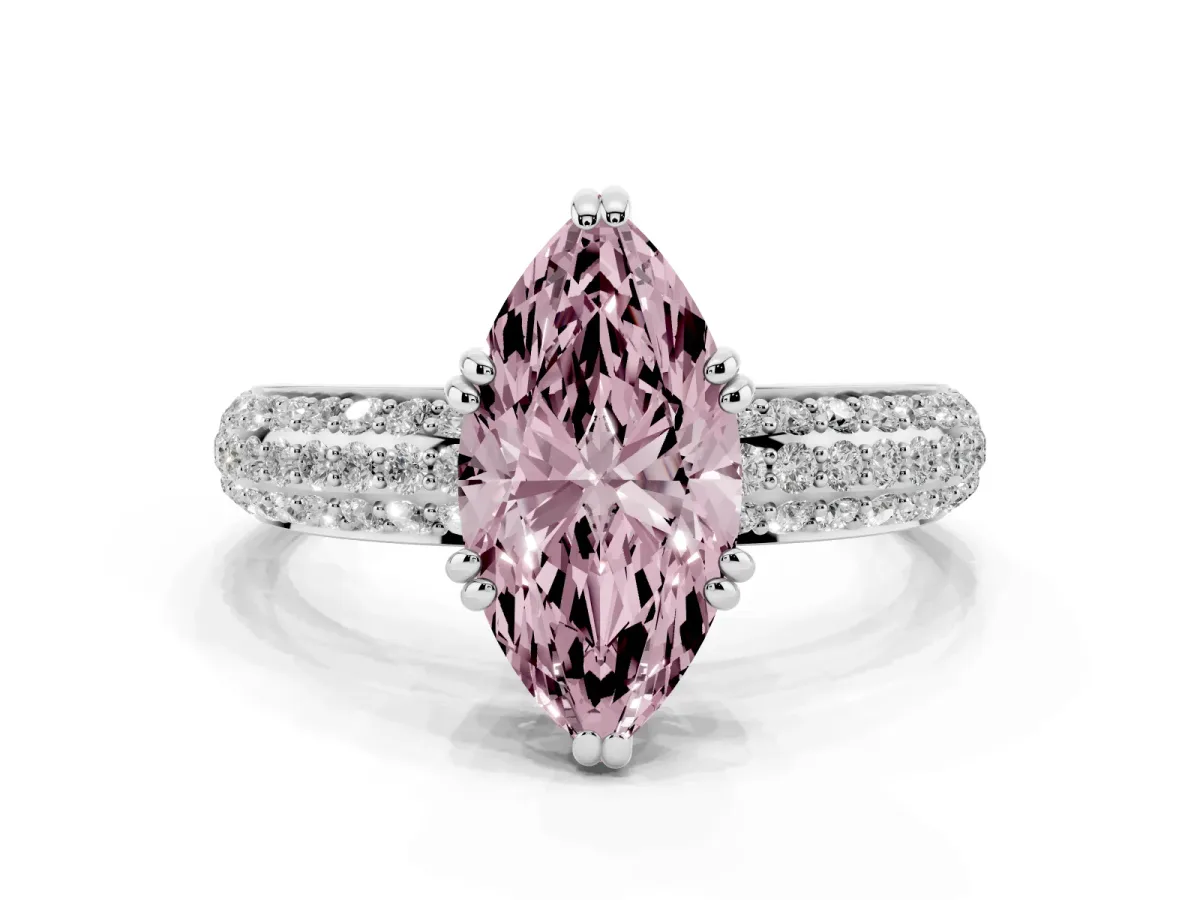 Fancy Pink Marquise Cut Diamond Solitaire Ring with Multi-Row Round Pavé Band and Prong Setting Platinum