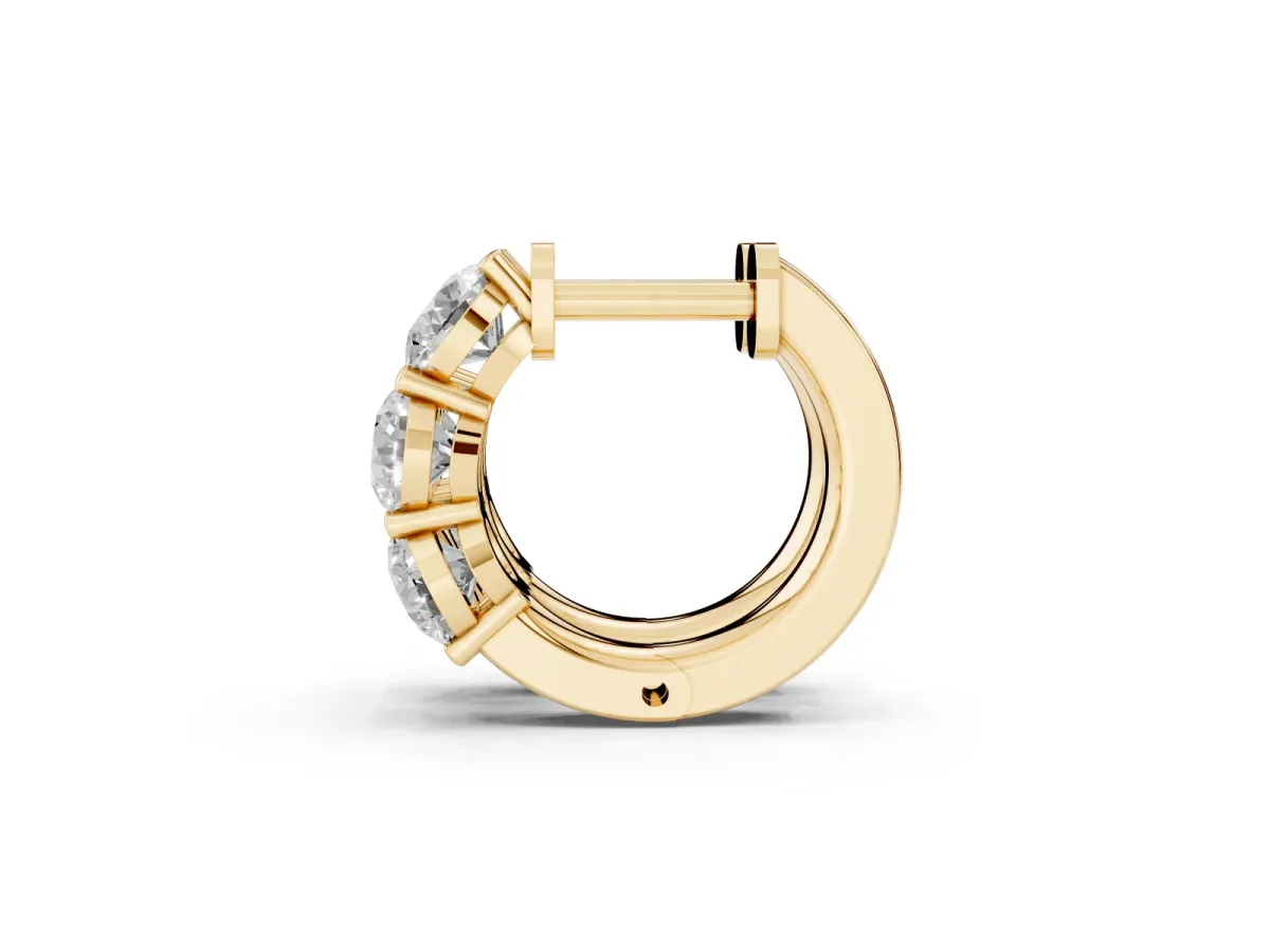 Triple Round Diamond Huggie Earrings with Prong Setting Yellow gold