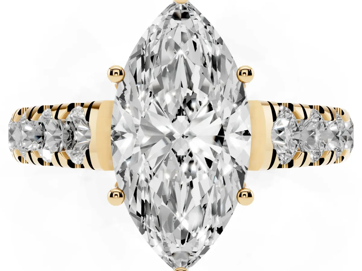 Marquise Cut Cut Diamond Solitaire Ring with Micro Pave Band and Prong Setting Yellow gold