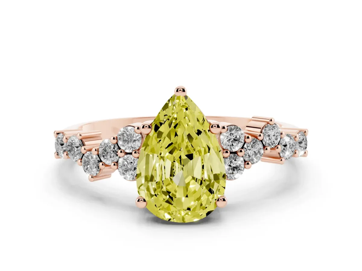 Fancy Yellow Pear Cut Diamond Scattered Round Accent Ring with Prong Setting Rose gold