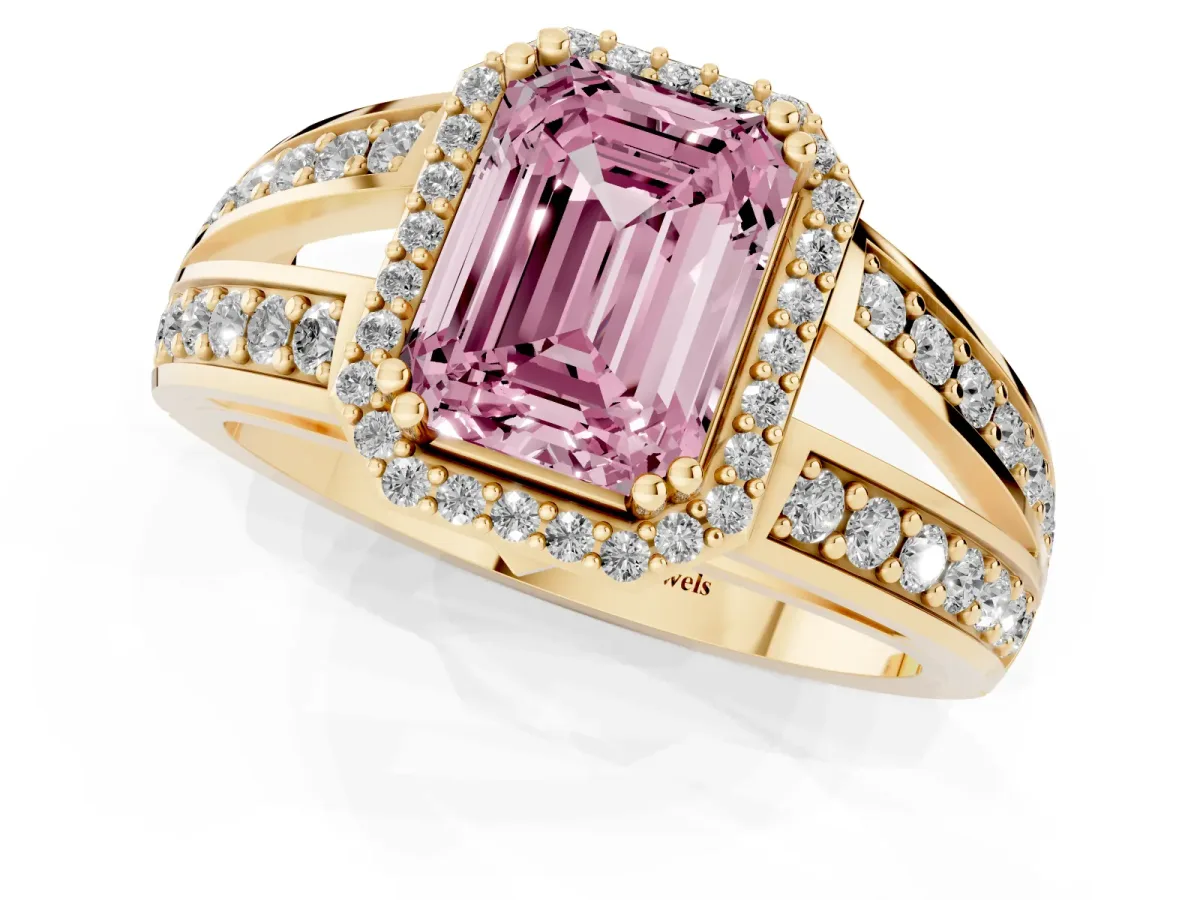 Fancy Pink Emerald Cut Diamond Halo Ring with Split Shank Pavé Band and Four-Prong Setting Yellow gold