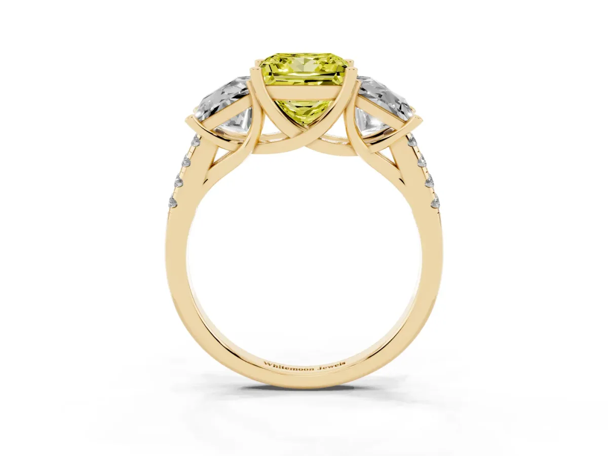 Fancy Yellow Three-Stone Princess Cut Diamond Ring with Round Pavé Band and Prong Setting Yellow gold