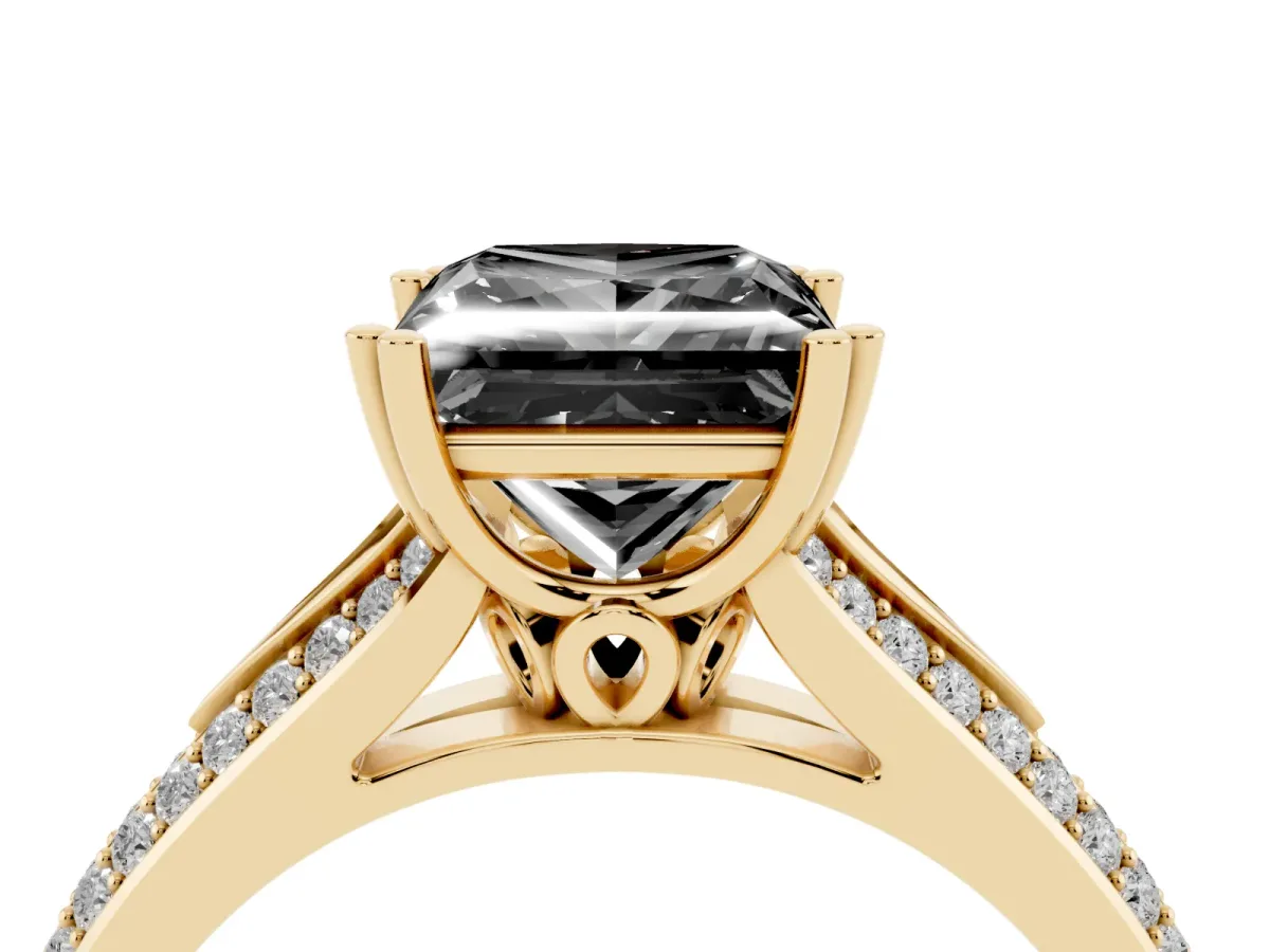Fancy Black Princess Cut Diamond Split Shank Engagement Ring with Pavé Band Yellow gold