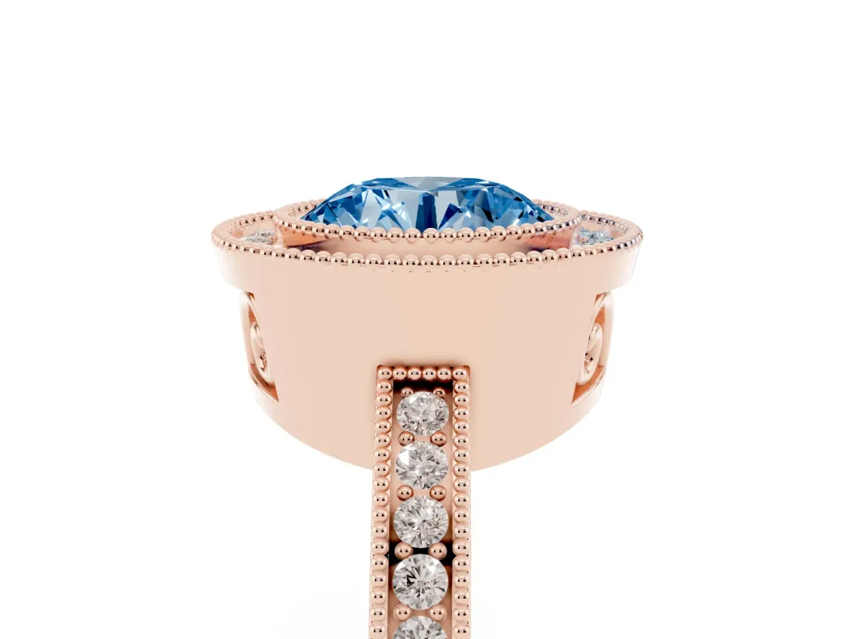 Fancy Blue Round Cut Cut Halo Diamond Ring with Pavé Band and Milgrain Prong Setting Rose gold