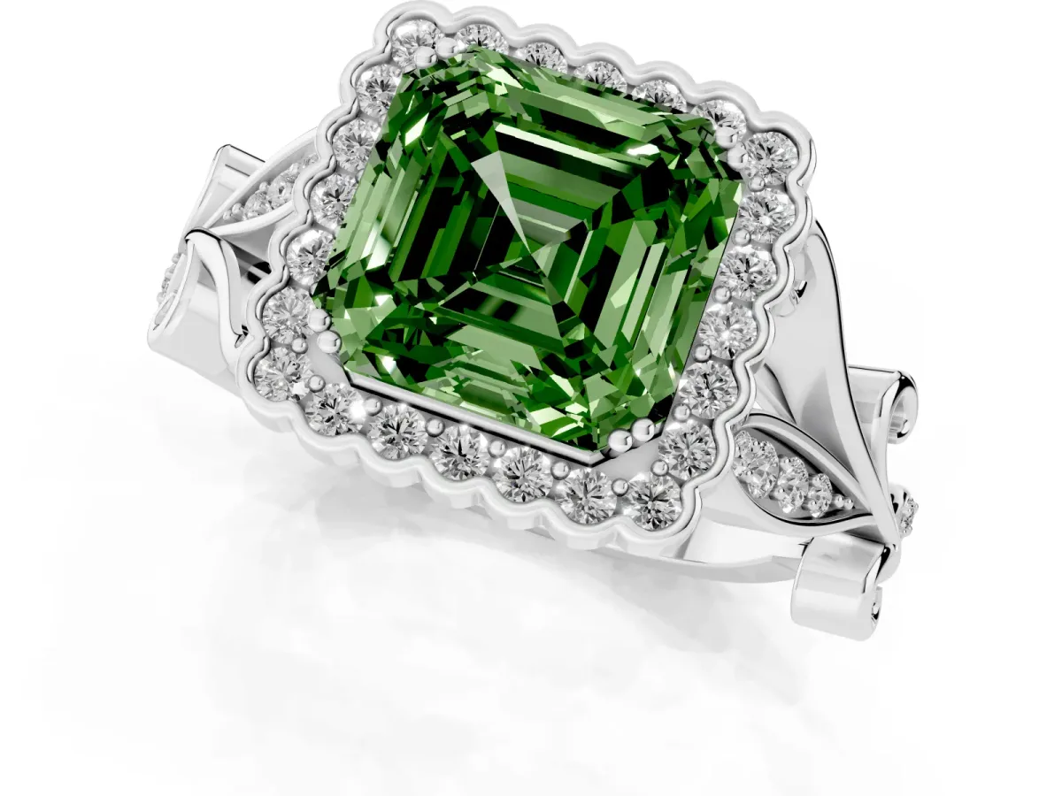 Fancy Green Asscher Cut Diamond Halo Ring with Vintage Split Shank and Four-Prong Setting Silver