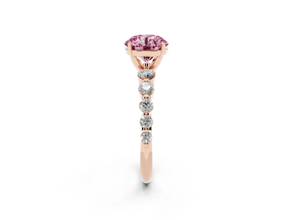 Fancy Pink Round Cut Solitaire Diamond Ring with Pave Band and Four-Prong Setting Rose gold