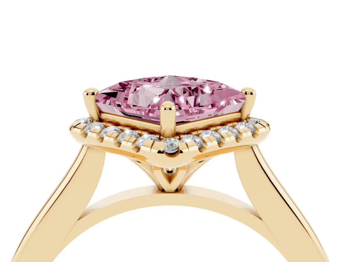 Fancy Pink Princess Cut Halo Round Diamond Solitaire Engagement Ring with Pave Band and Four-Prong Setting Yellow gold