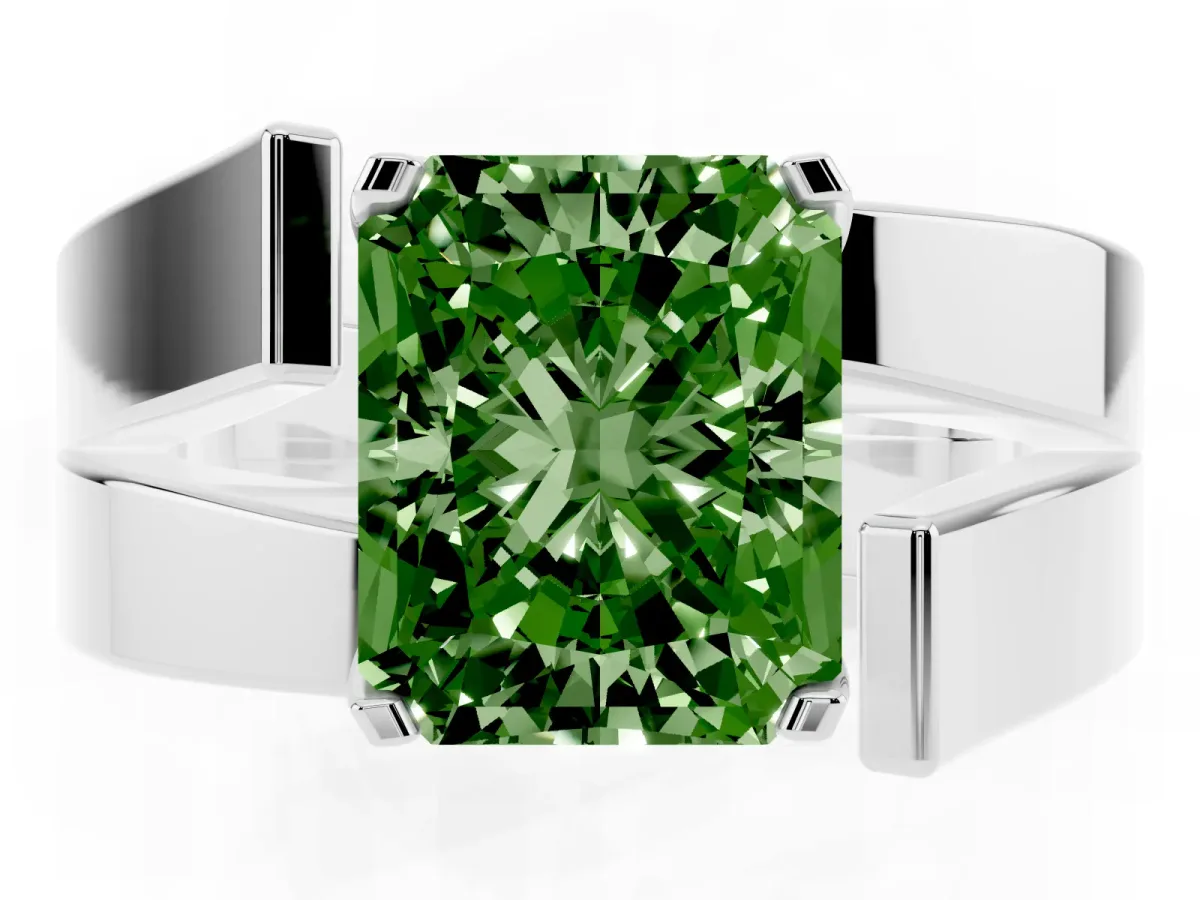 Fancy Green Modern Tension Set Radiant Cut Diamond Solitaire Wide Band Ring Platinum