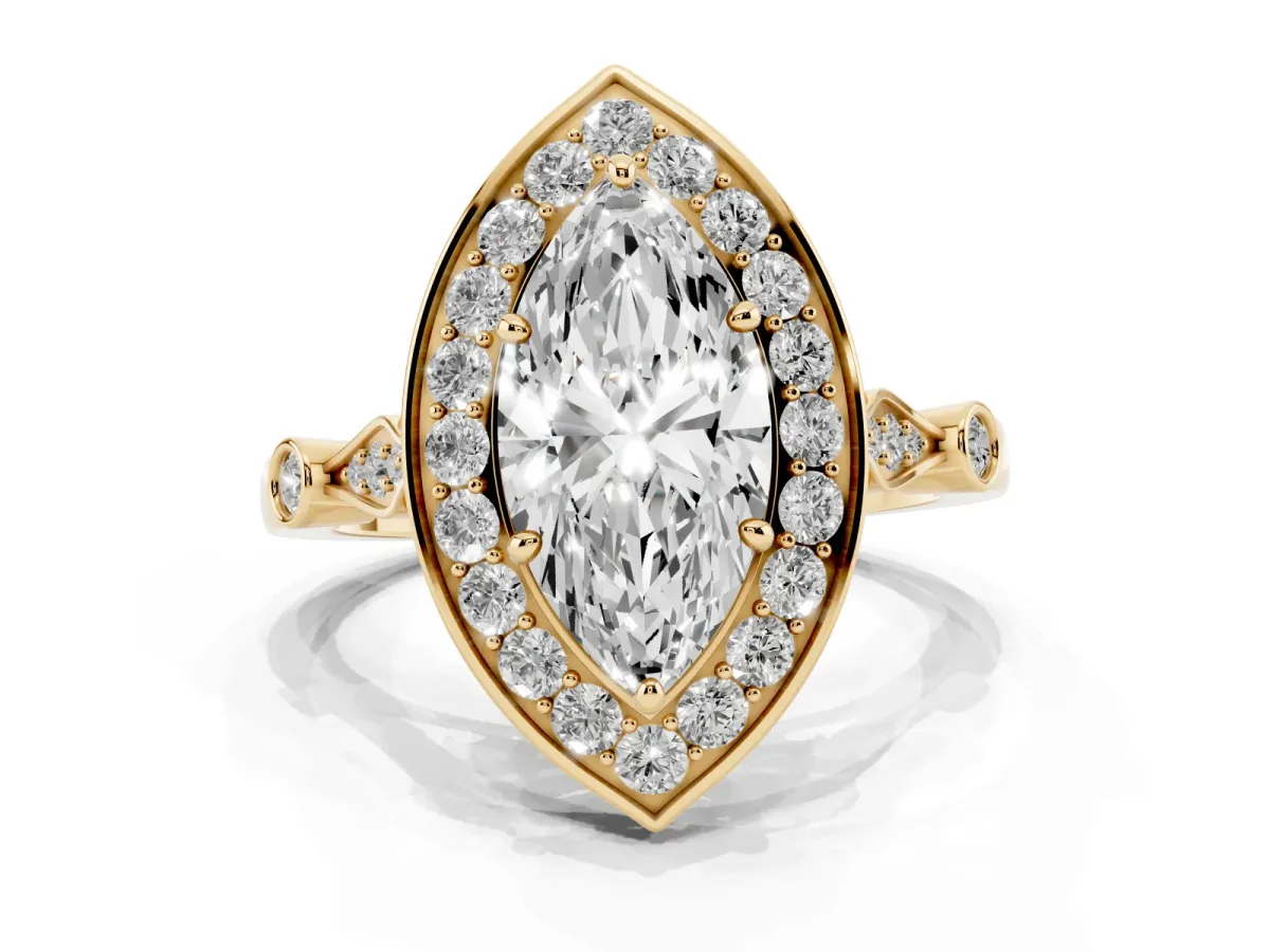 Marquise Cut Halo Diamond Engagement Ring with Twisted Band and Four-Prong Setting Yellow gold