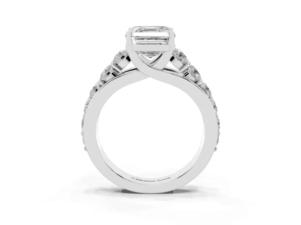 Asscher Cut Diamond Engagement Ring with Pavé Band and Four-Prong Setting Silver
