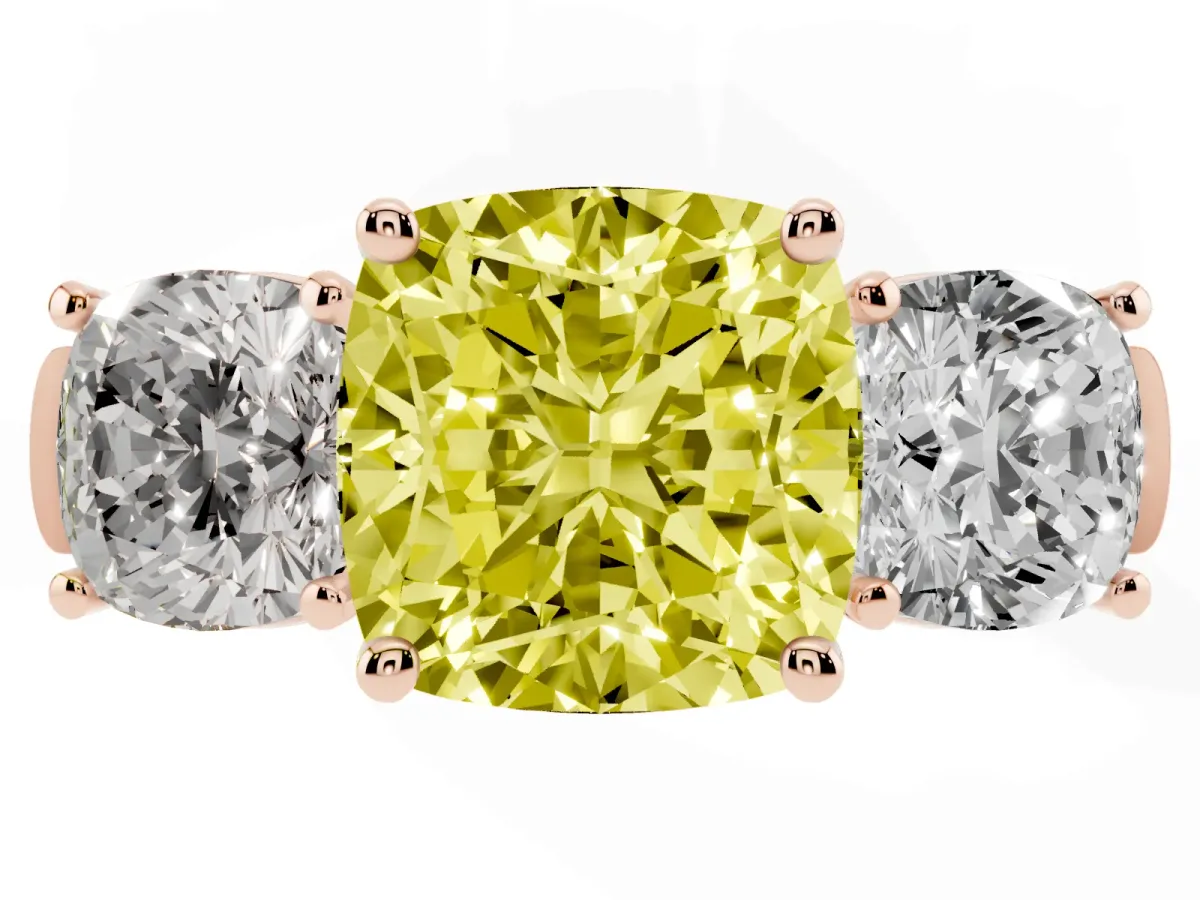 Fancy Yellow Three-Stone Cushion Cut Brilliant Diamond Trellis Ring with Comfort Fit Band Rose gold
