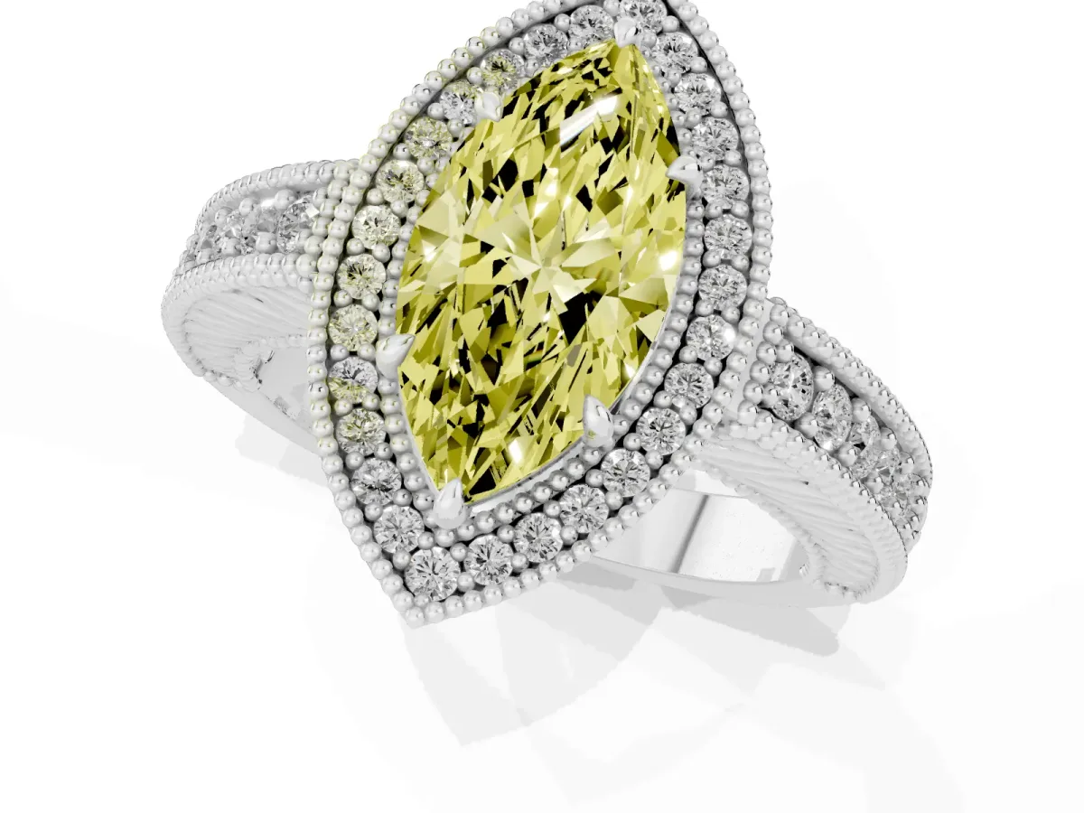 Fancy Yellow Marquise Cut Cut Halo Diamond Ring with Pavé Band and Four-Prong Setting White gold