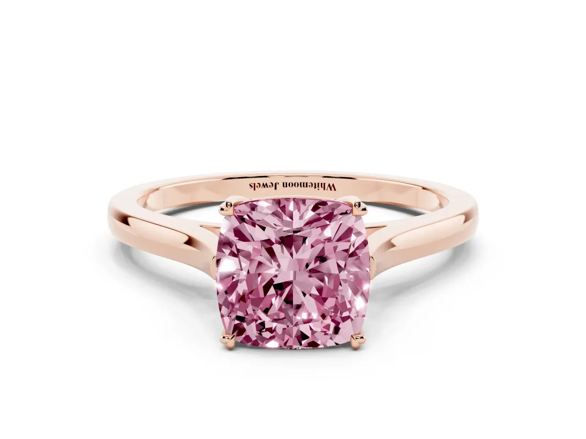 Fancy Pink Cushion Cut Solitaire Heart Prong Engagement Ring with Tapered Band Rose gold