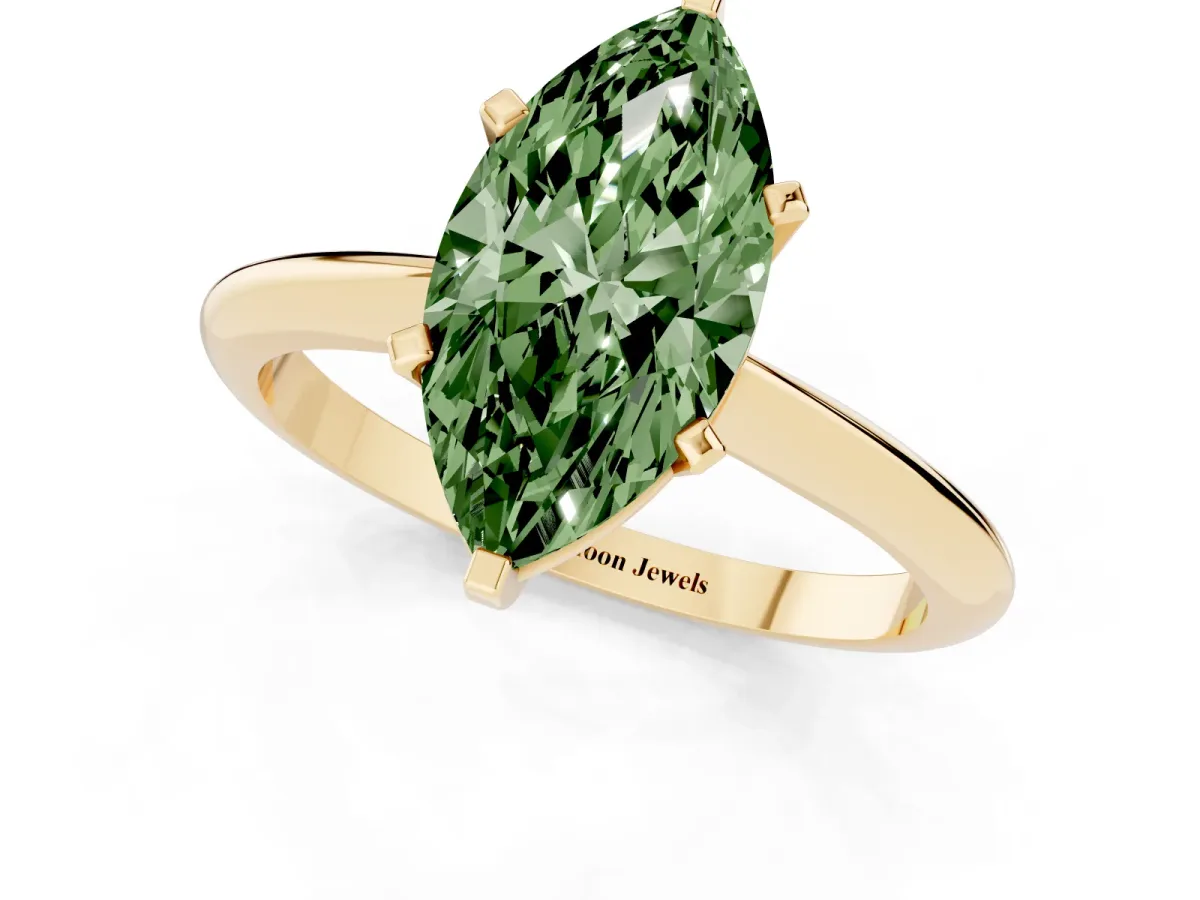 Fancy Green Marquise Cut Cut Solitaire Ring with Four-Prong Setting on a Classic Band Yellow gold