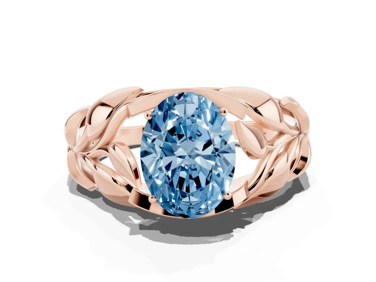 Fancy Blue Oval Cut Diamond Leaf-Inspired Engagement Ring with Round Accents and Prong Setting Rose gold