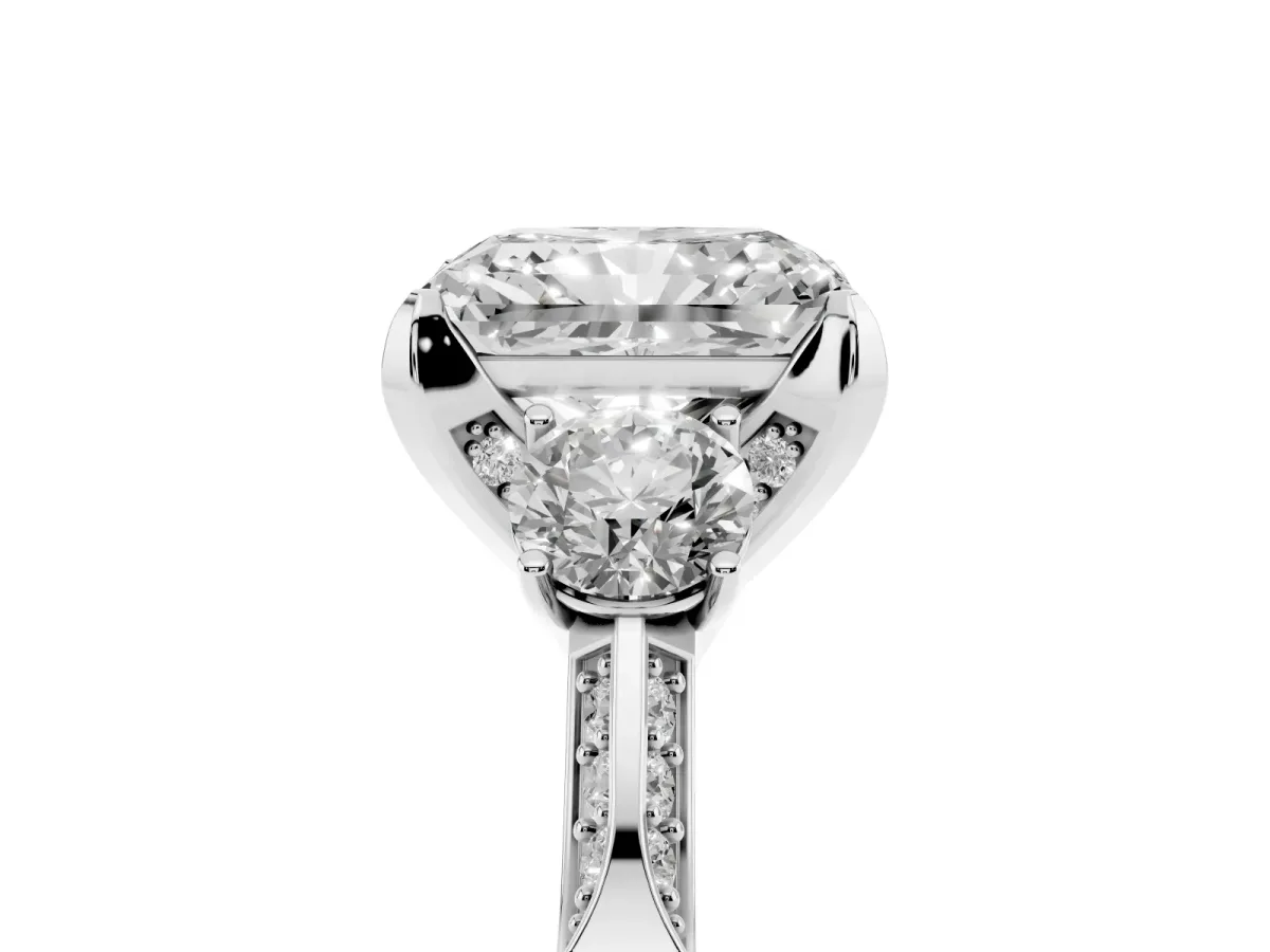 Radiant Cut Brilliant Three-Stone Diamond Ring with Pavé Band and Four-Prong Setting White gold