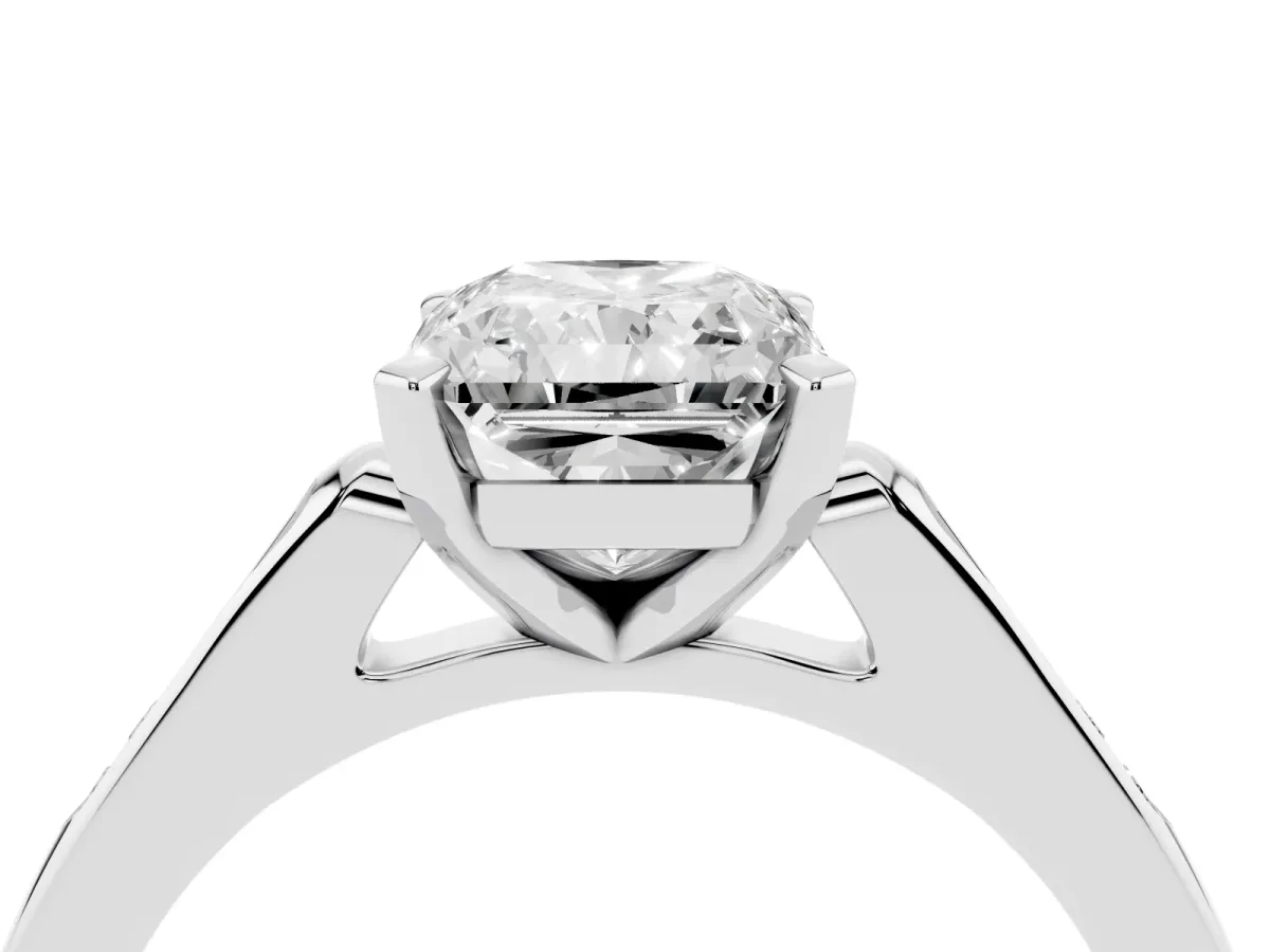 Radiant Cut Diamond Solitaire Ring with Channel Set Round Band and Prong Setting Silver
