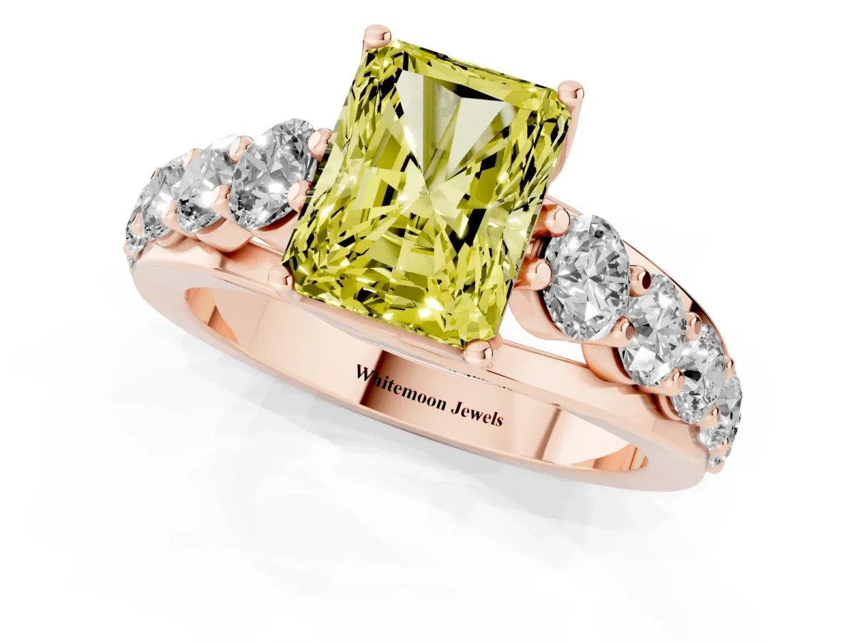Fancy Yellow Radiant Cut Diamond Engagement Ring with Pavé Band and Four-Prong Setting Rose gold