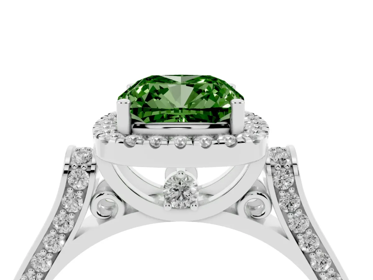 Fancy Green Cushion Cut Halo Pave Split Shank Prong Setting Ring Silver