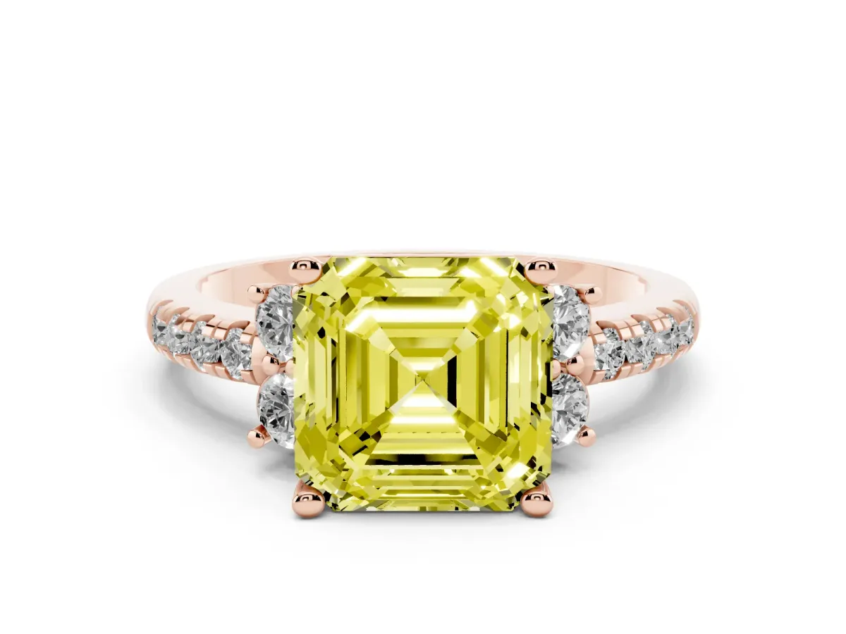 Fancy Yellow Asscher Cut Diamond Three-Stone Pave Band with Four-Prong Setting Rose gold