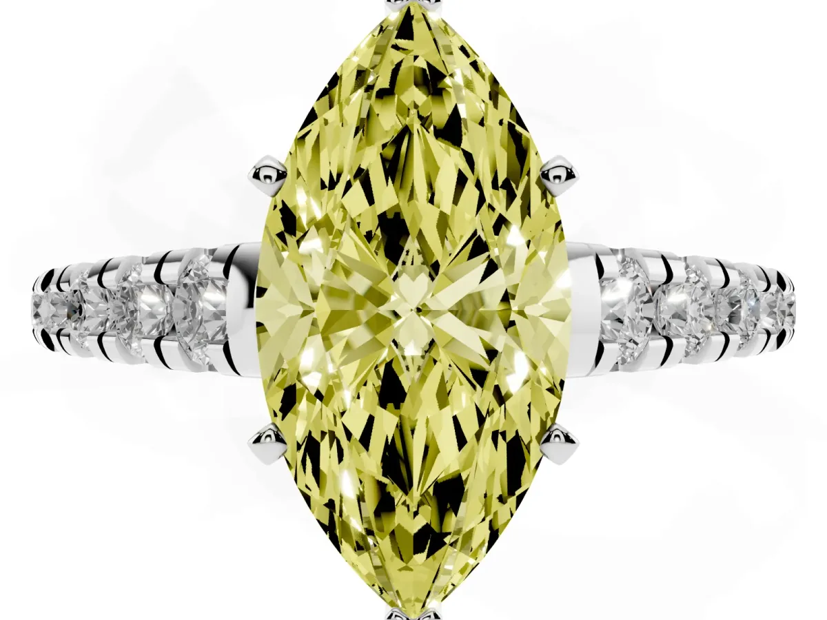 Fancy Yellow Marquise Cut Diamond Cathedral Solitaire Ring with Round Pavé Band Silver