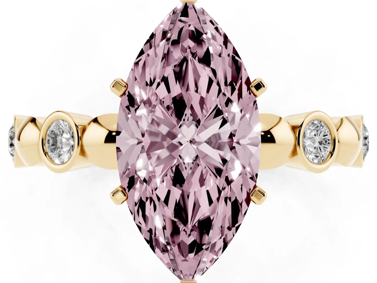 Fancy Pink Marquise Cut Solitaire Bezel-Set Diamond Ring with Beaded Band and Four-Prong Setting Yellow gold