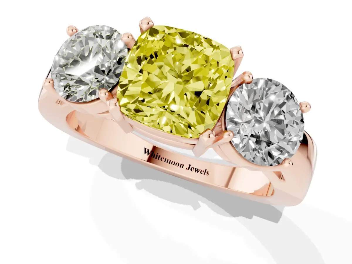 Fancy Yellow Three-Stone Cushion Cut Diamond Ring with Round Side Stones, Classic Band, and Four-Prong Setting Rose gold