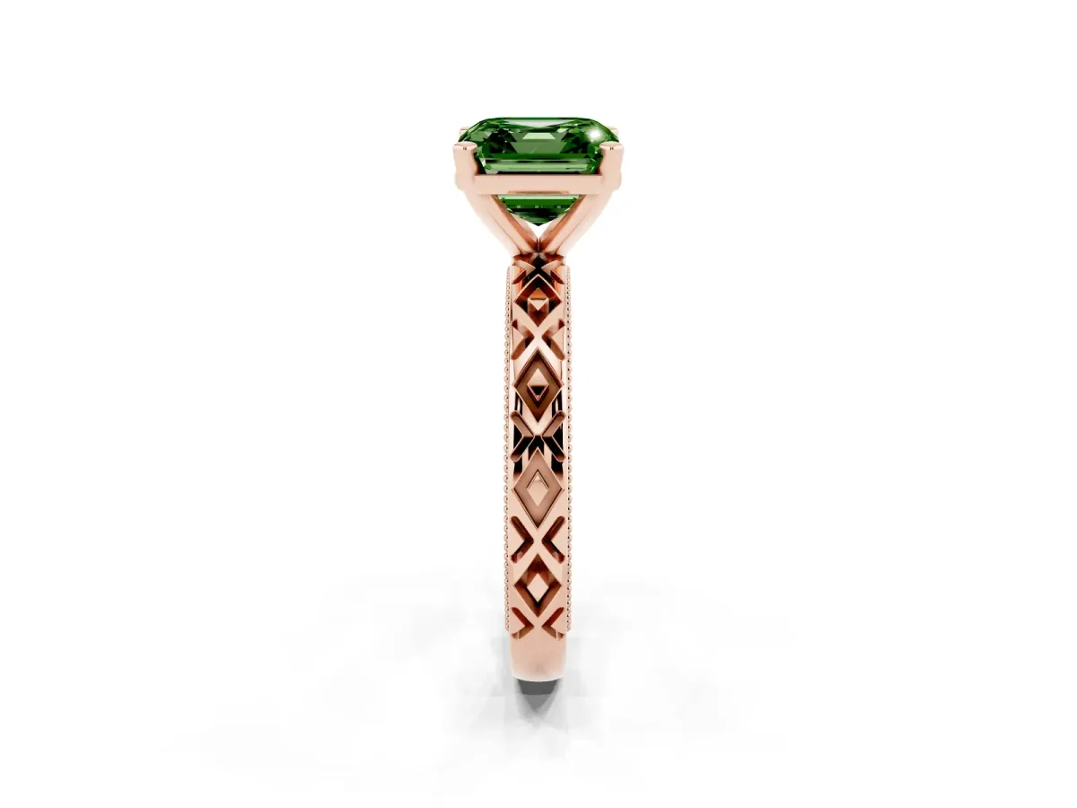 Fancy Green Asscher Cut Solitaire Diamond Ring with Milgrain and Black Enamel X Pattern Band Rose gold