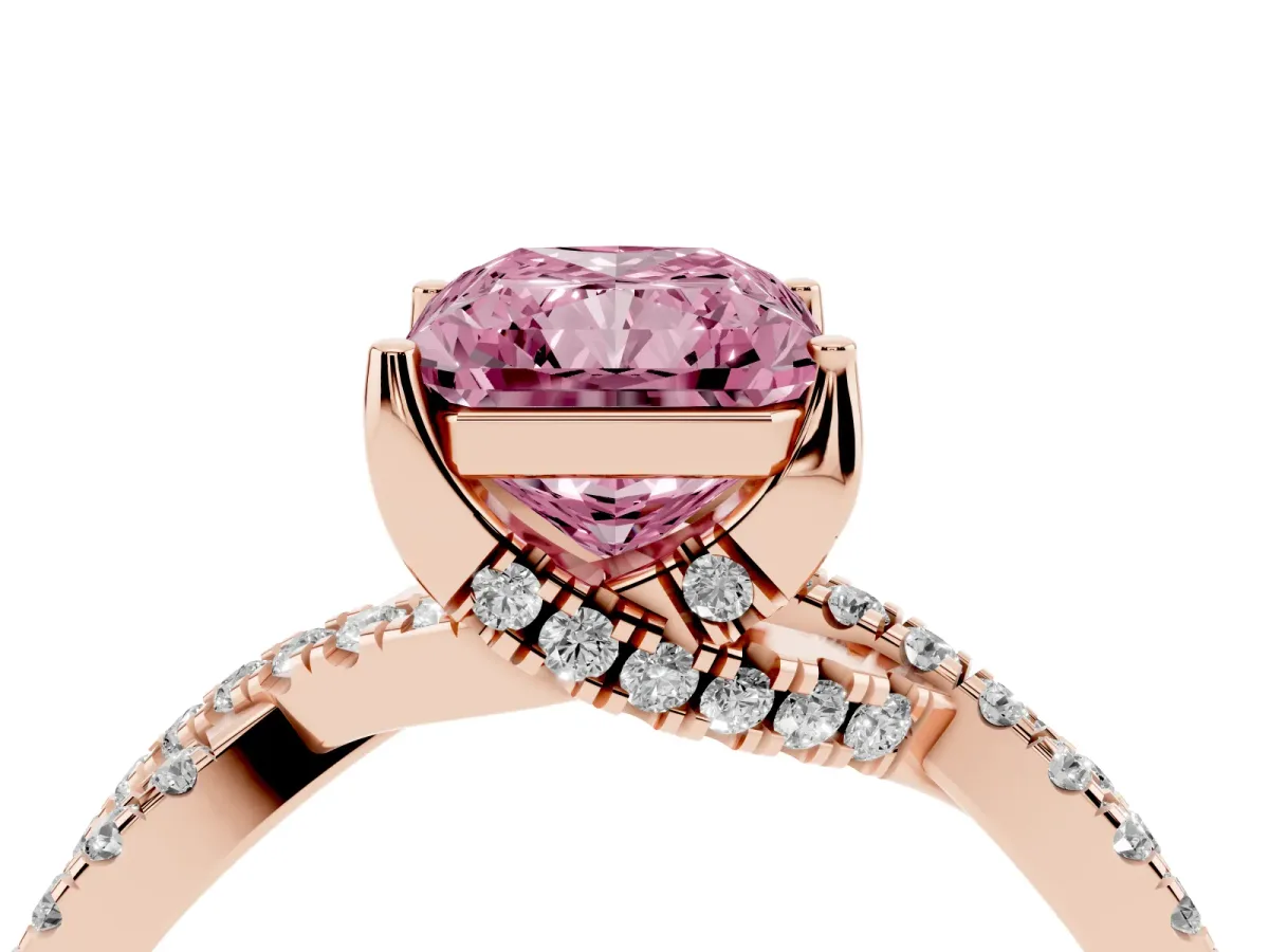 Fancy Pink Radiant Cut Solitaire Twist Pave Diamond Engagement Ring with Prong Setting Rose gold