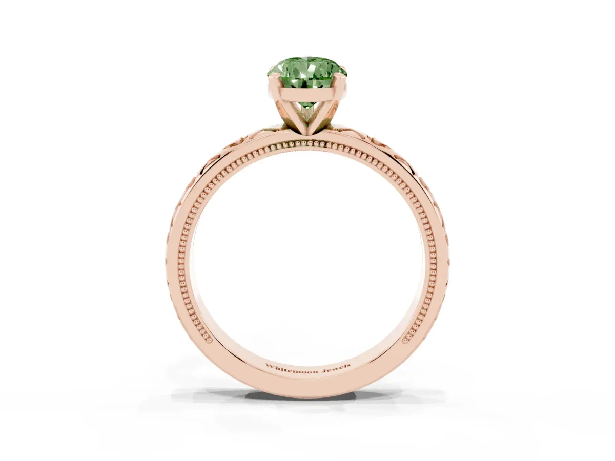 Fancy Green Pear Cut Solitaire Diamond Engagement Ring with XO Engraved Band and Four-Prong Setting Rose gold