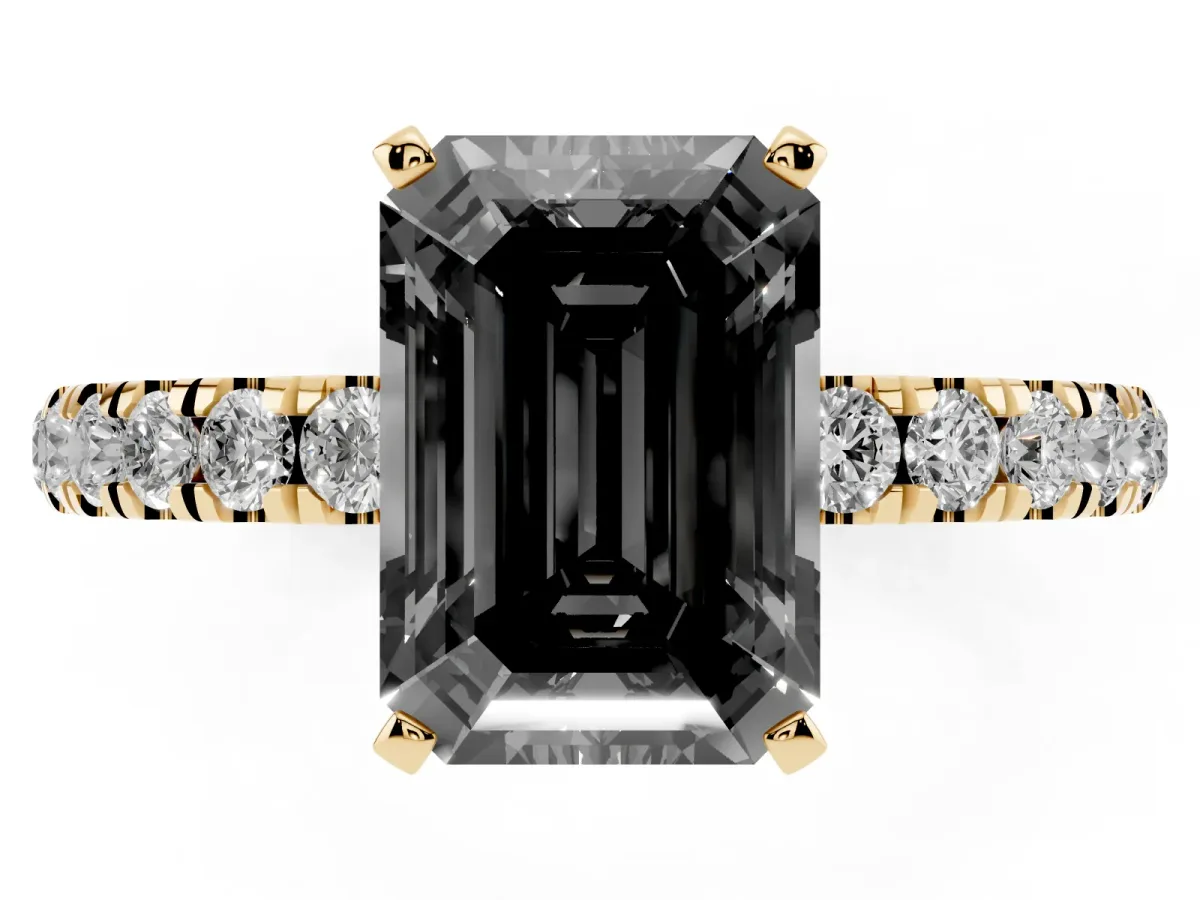 Fancy Black Emerald Cut Diamond Solitaire Ring with Pavé Accents and Four-Prong Setting Yellow gold