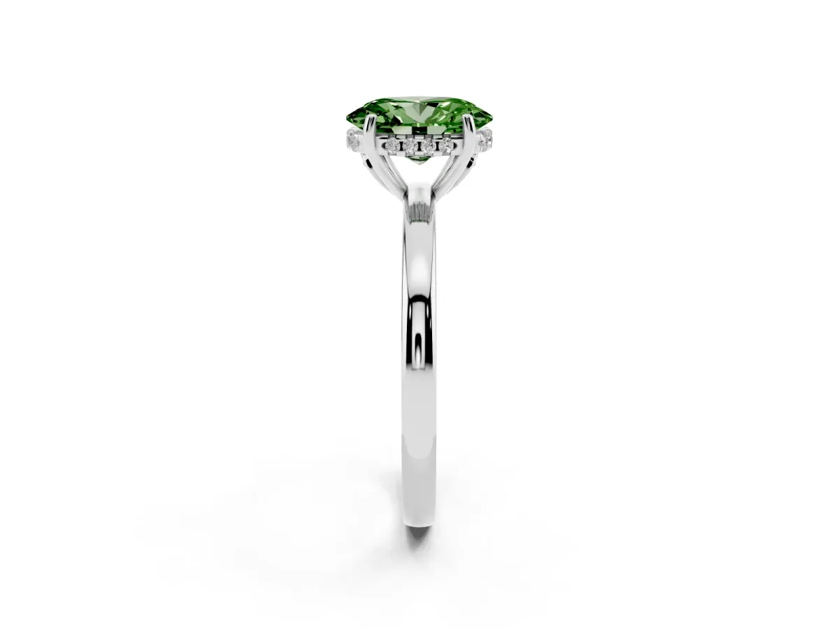 Fancy Green Oval Cut Solitaire Diamond Ring with Prong Setting and Plain Band Platinum