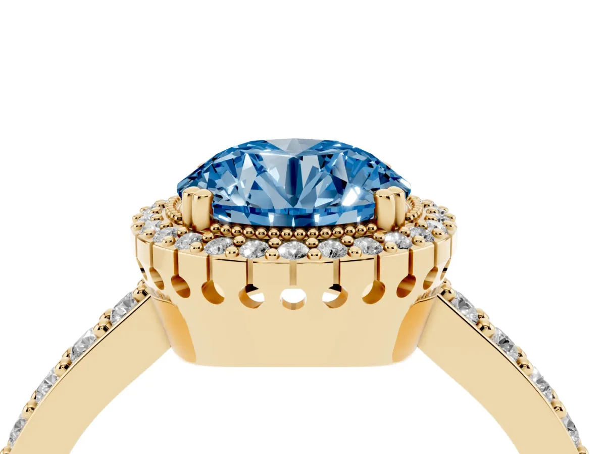 Fancy Blue Round Cut Cut Diamond Halo Engagement Ring with Milgrain Detail and Pavé Band Yellow gold