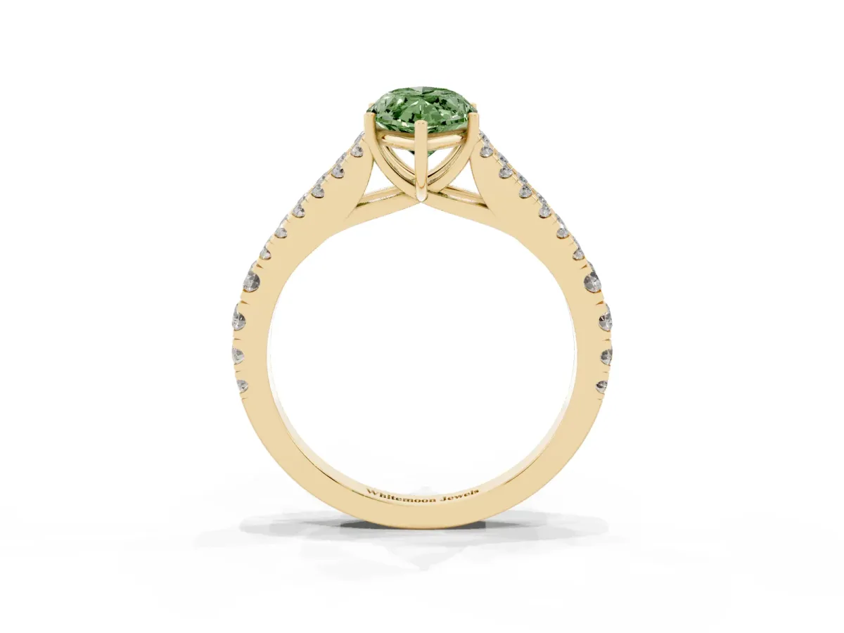 Fancy Green Marquise Cut Diamond Split Shank Pavé Engagement Ring with Four-Prong Setting Yellow gold