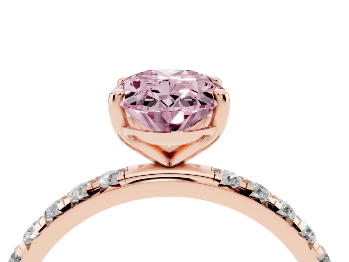 Fancy Pink Oval Cut Cut Diamond Solitaire Ring with Micro Pave Band and Four Prong Setting Rose gold