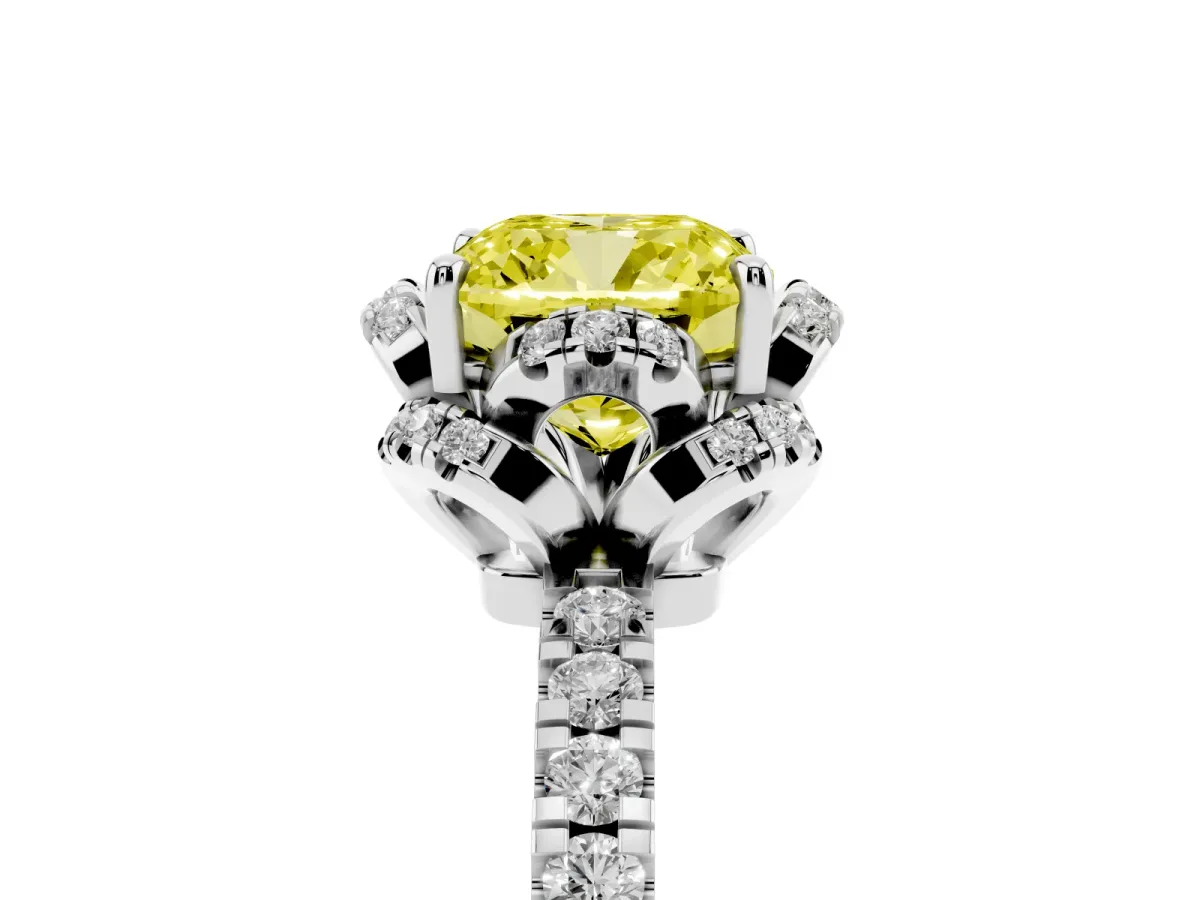 Fancy Yellow Cushion Cut Halo Diamond Pave Band Ring with Four-Prong Setting Silver