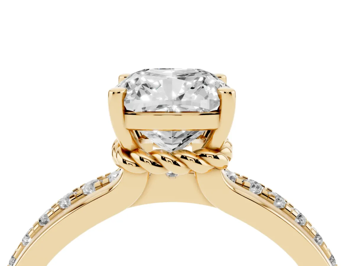 Cushion Cut Solitaire Diamond Ring with Channel Set Band and Six-Prong Setting Yellow gold
