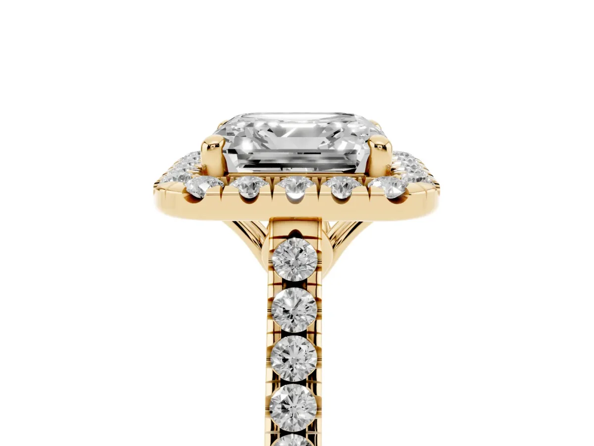 Asscher Cut Halo Pavé Diamond Engagement Ring with Four-Prong Setting Yellow gold