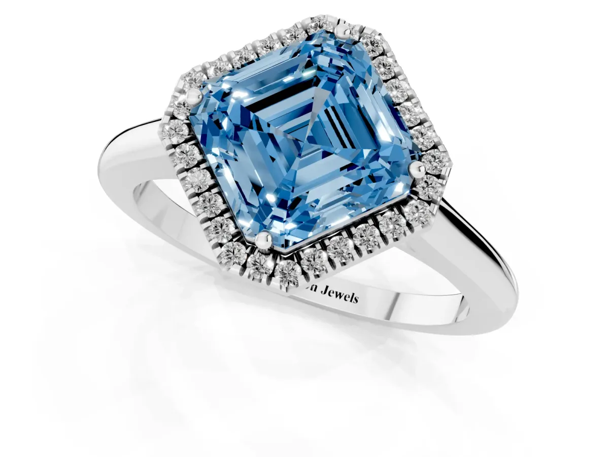 Fancy Blue Asscher Cut Halo Round Diamond Solitaire Engagement Ring with Pave Band and Four-Prong Setting White gold
